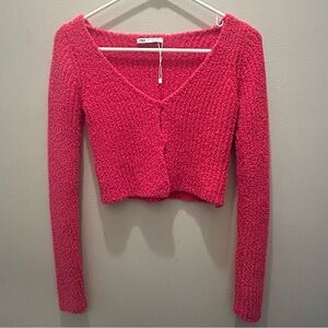 Zara - Fuzzy Cropped Soft Knit Cardigan - Hot Pink/Button Front , Size Small NEW